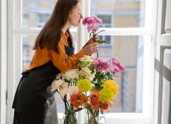 Tạo dáng với bó hoa cạnh cửa sổ