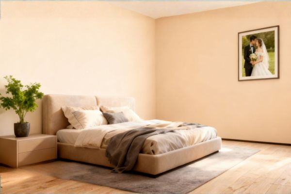 Phía bên trái giường là vị trí Thanh Long, lý tưởng để treo ảnh cưới trong phòng ngủ