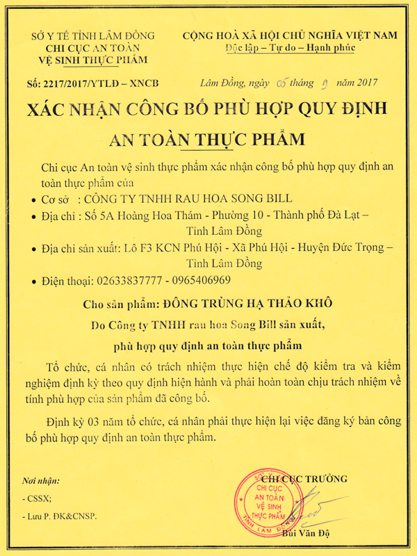 Công bố Hợp quy An toàn thực phẩm - Sản phẩm: Đông Trùng Hạ Thảo Khô