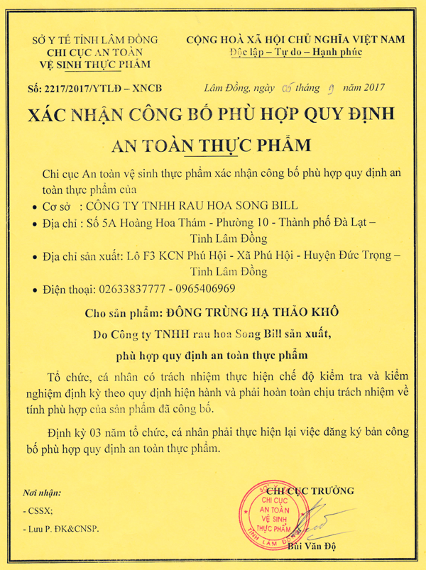 Công bố Hợp quy An toàn thực phẩm - Sản phẩm: Đông Trùng Hạ Thảo Khô