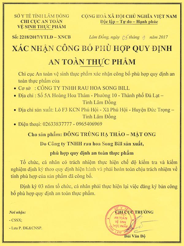 Công bố Hợp quy An toàn thực phẩm - Sản phẩm: Đông Trùng Hạ Thảo - Mật Ong