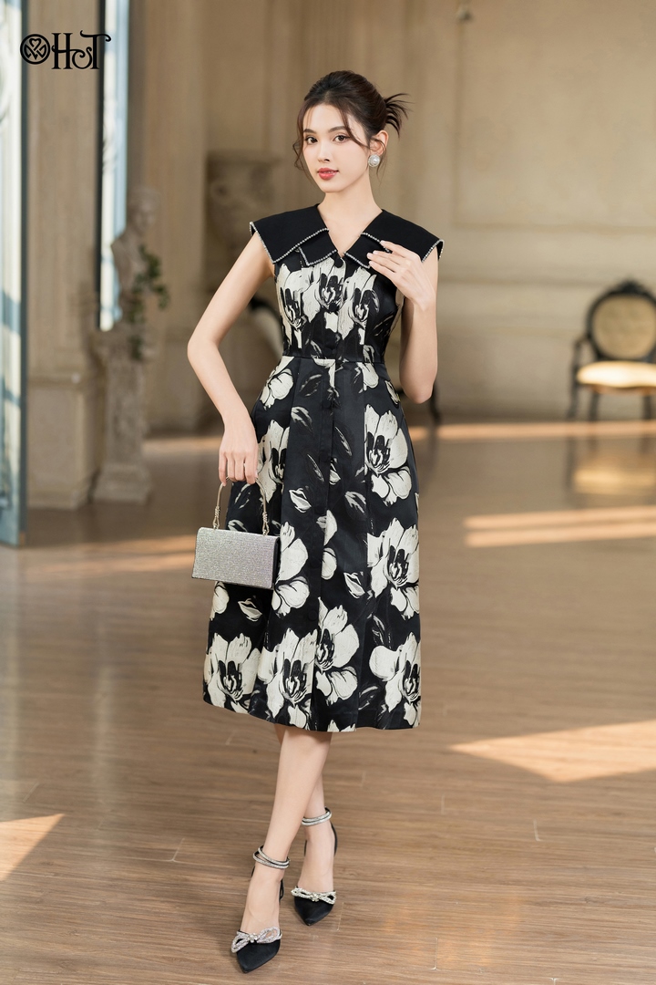 Đầm Xoè Tapta Hoa Xanh Rêu Cao Cấp Frances Dress