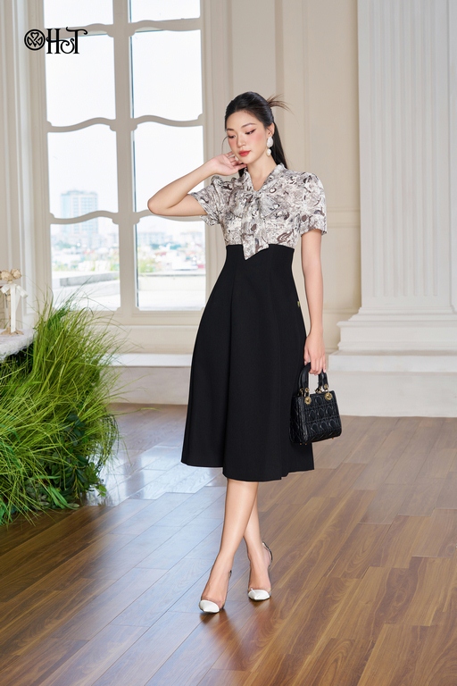 Đầm phối cổ thắt nơ tơ ht Đen