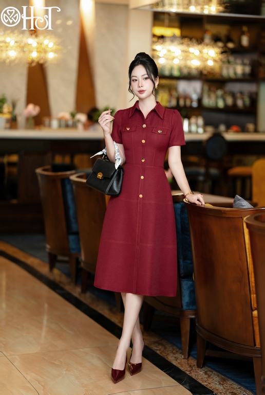 Đầm xòe cổ đức gấm tơ Mận