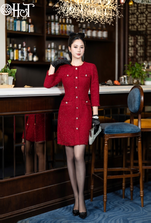 Đầm c.tròn t.rua dạ tweed Đỏ