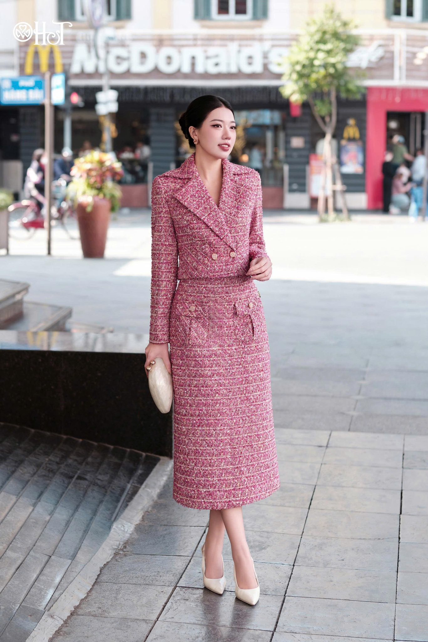 Juyt dáng A túi hộp Tweed Hồng