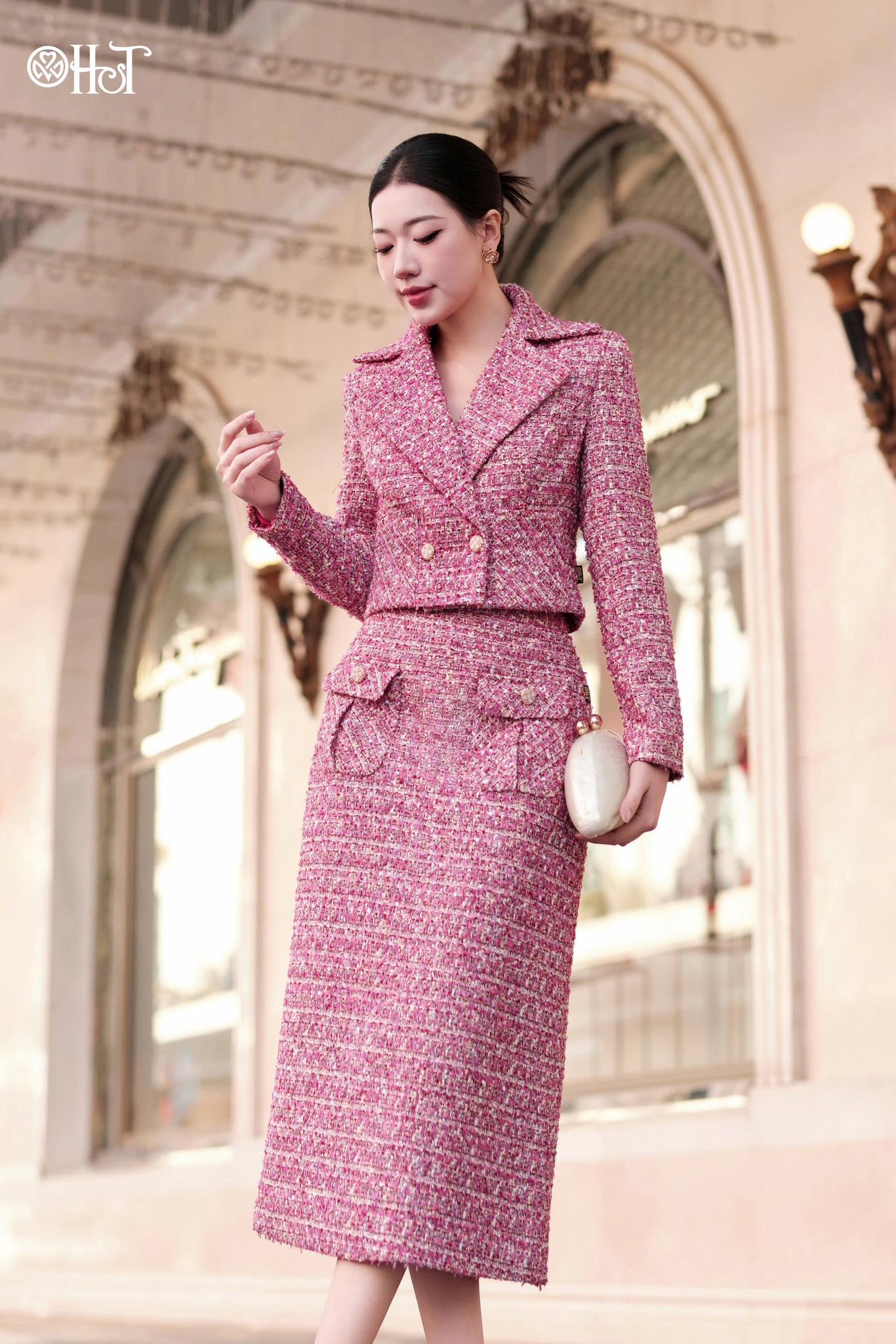 Vest 2 ve to 2 khuy Tweed Hồng