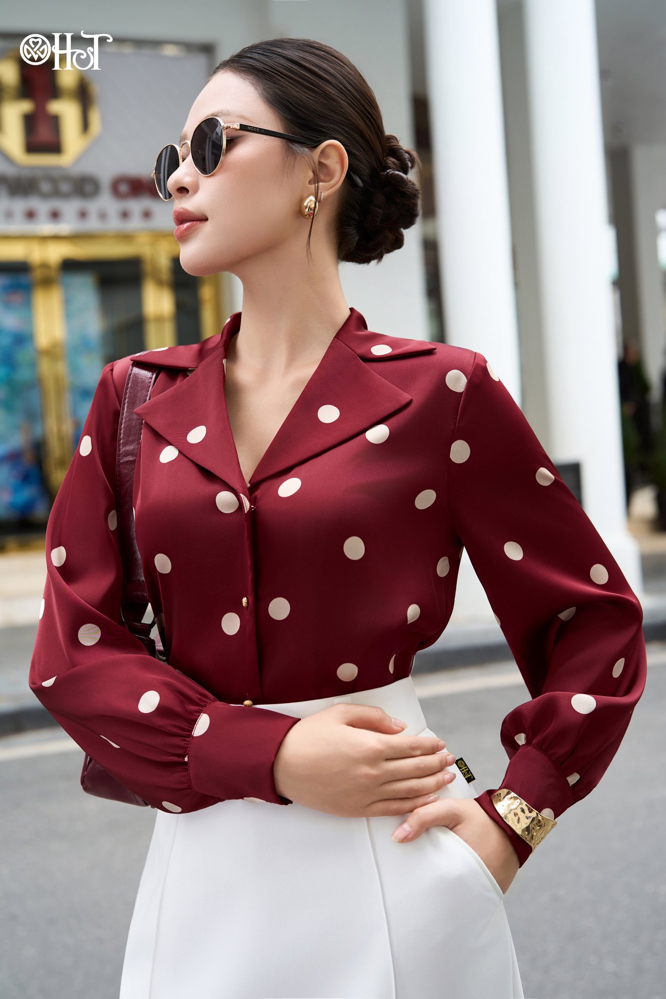 áo cổ 2 ve Lụa chấm bị Đỏ