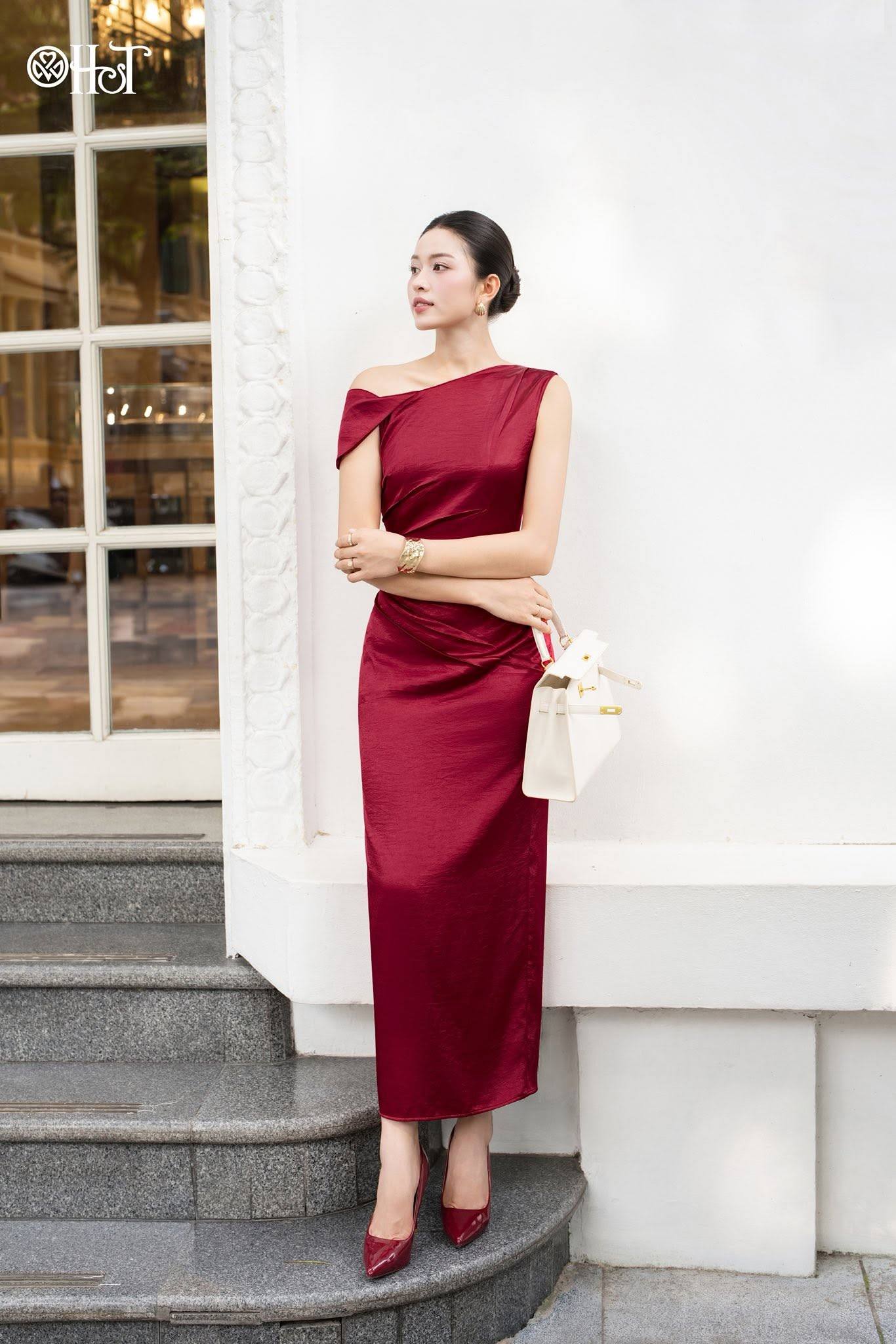 Đầm lệch trễ vai Lụa ý Đỏ