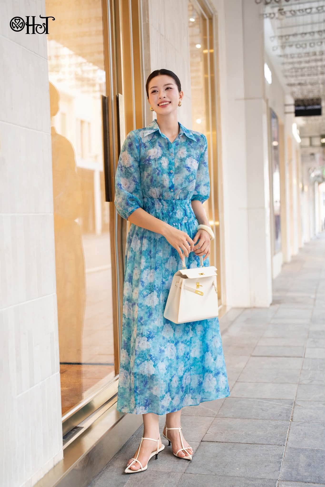 Đầm cổ đức hoa Xanh