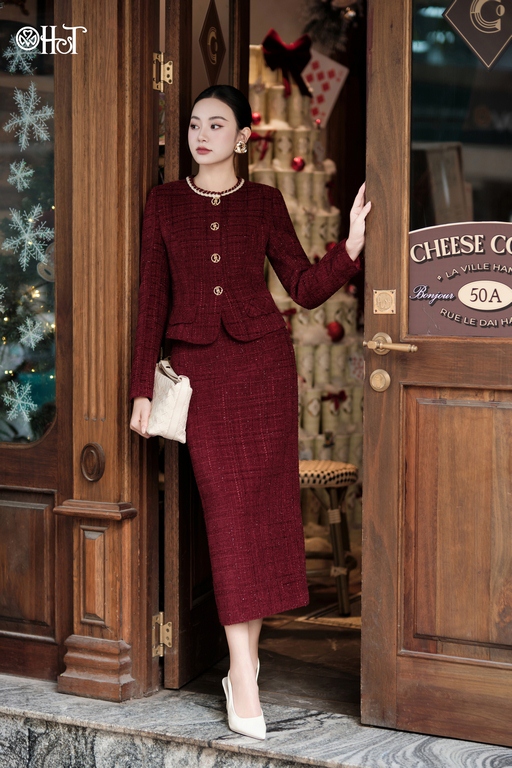 Vest Tweed phối viển cổ tròn Đỏ