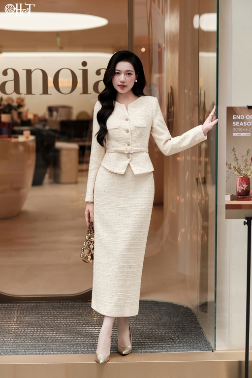 Vest Tweed cổ tròn xẻ Be