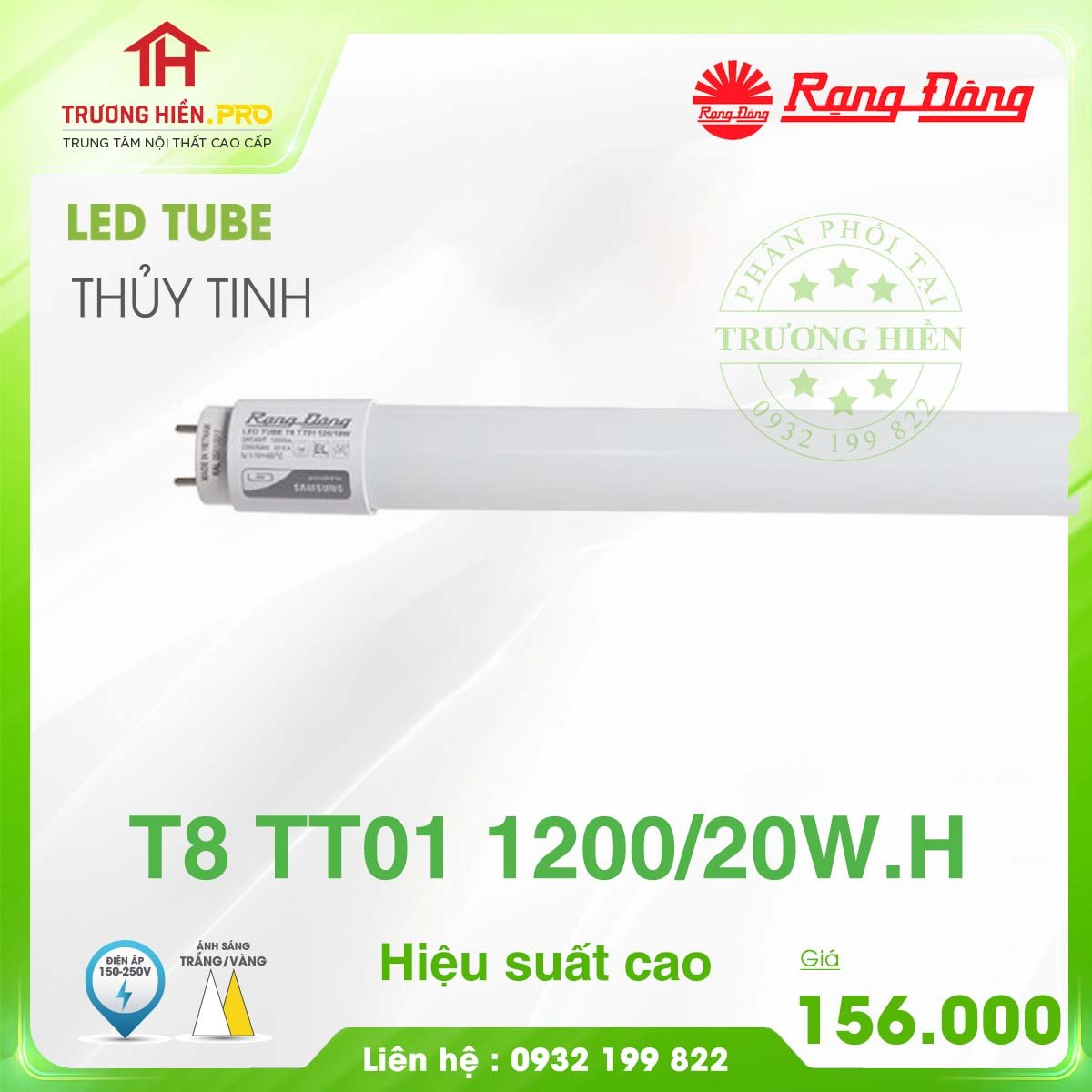 ĐÈN LED TUBE RẠNG ĐÔNG T8 TT01 1200/20W.H THUỶ TINH (HIỆU SUẤT CAO)