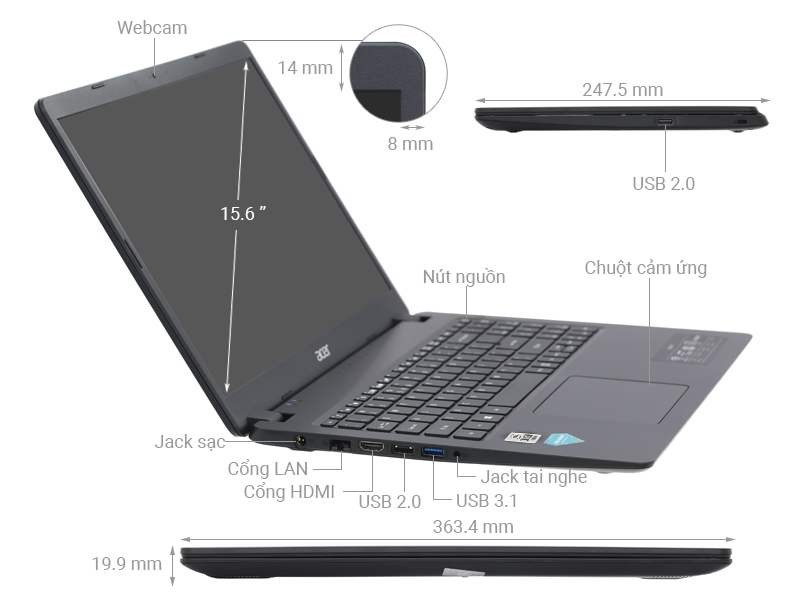 Laptop Acer Aspire 3 A315-56-38B1 (NX.HS5SV.00G) (i3 1005G1/4GB RAM/256GB SSD/15.6 inch FHD/Win 11/Đen)