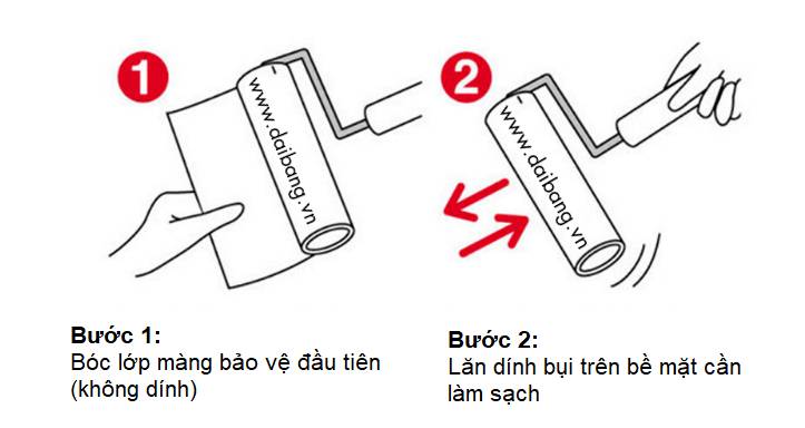 Bóc lớp màng bảo vệ đầu tiên (không dính) sau đó đến ngay lớp màng dính. Lăn trên bề mặt vật phẩm cần làm sạch