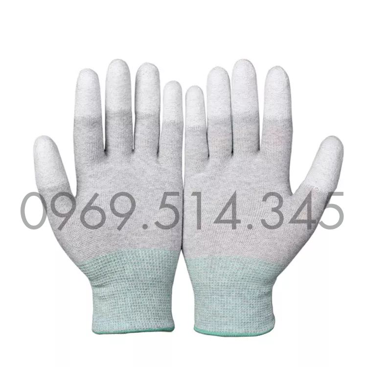 Găng tay ESD sợi carbon phủ PU đầu ngón được làm từ sợi polyester pha carbon, có phủ lớp PU đầu ngón