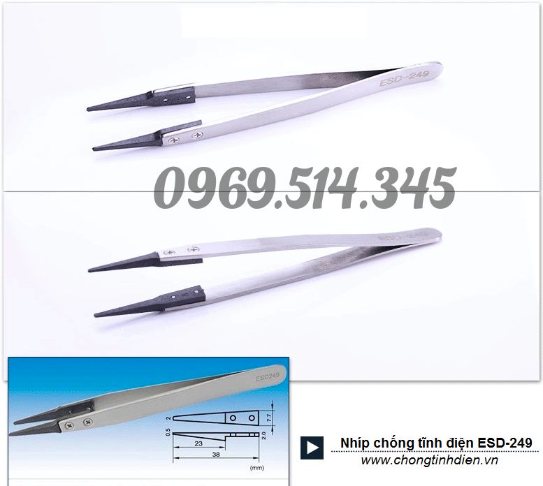Nhíp ESD -249 phủ sơn chống tĩnh điện sử dụng để gắp các linh kiện điện tử nhạy cảm