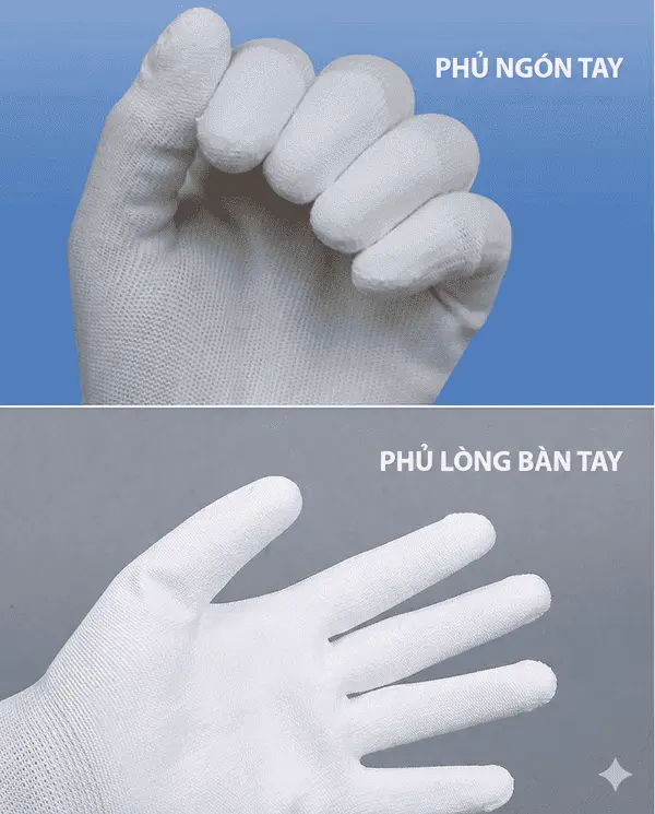 So sánh Găng tay Phủ PU đầu ngón vs Phủ lòng bàn tay
