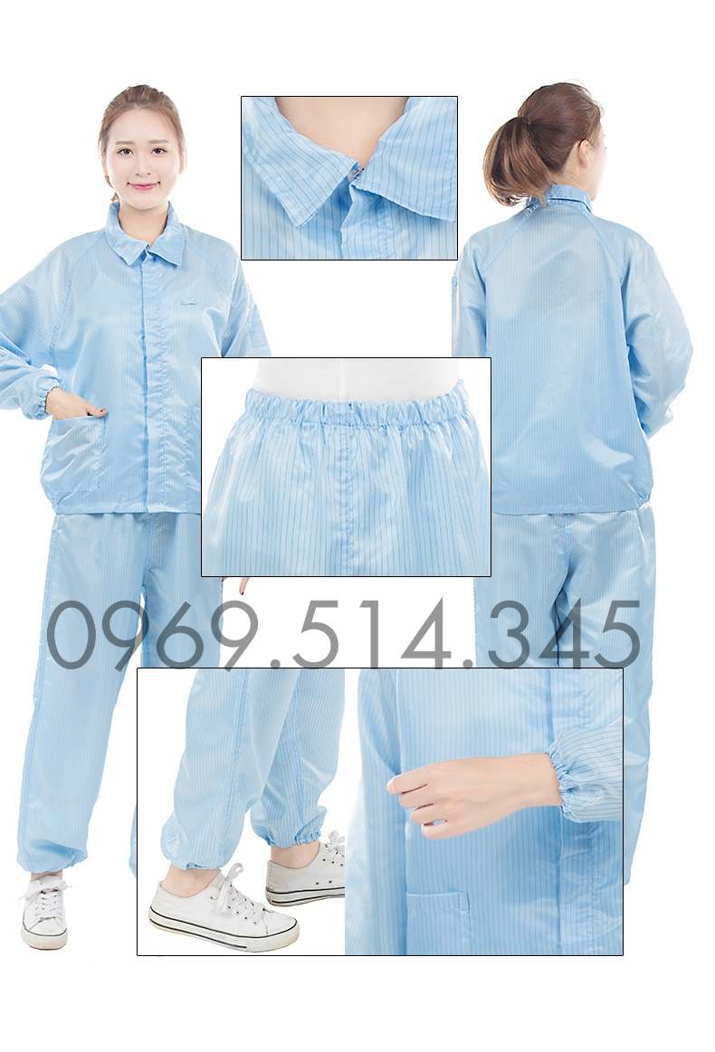Quần áo phòng sạch màu xanh chống tĩnh điện và bụi bẩn, dành cho nhân viên phòng điện tử, sản xuất