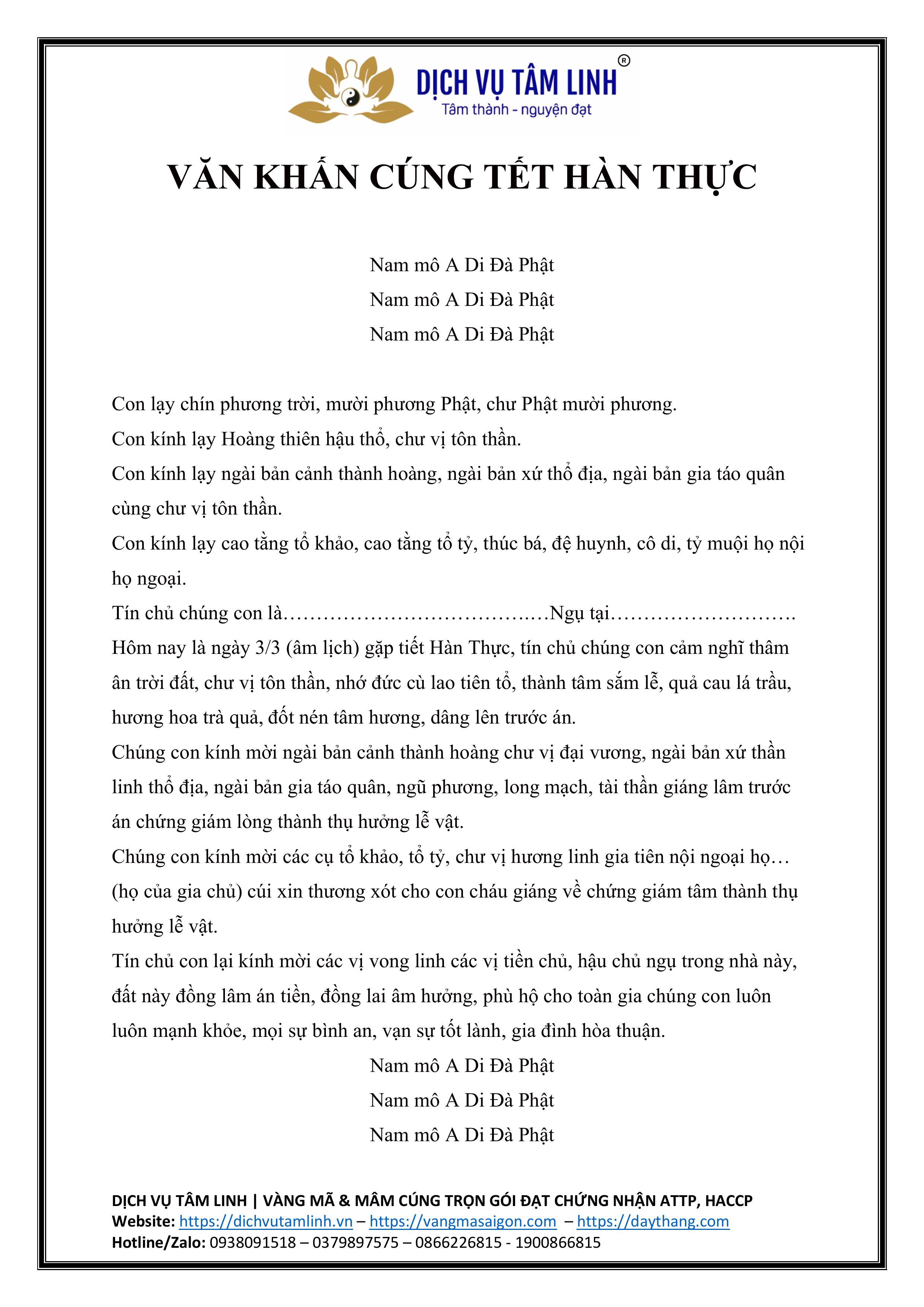 Bài Văn Khấn Cúng Tết Hàn Thực