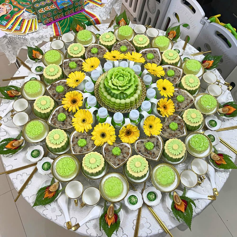 mâm cúng thôi nôi tone xanh