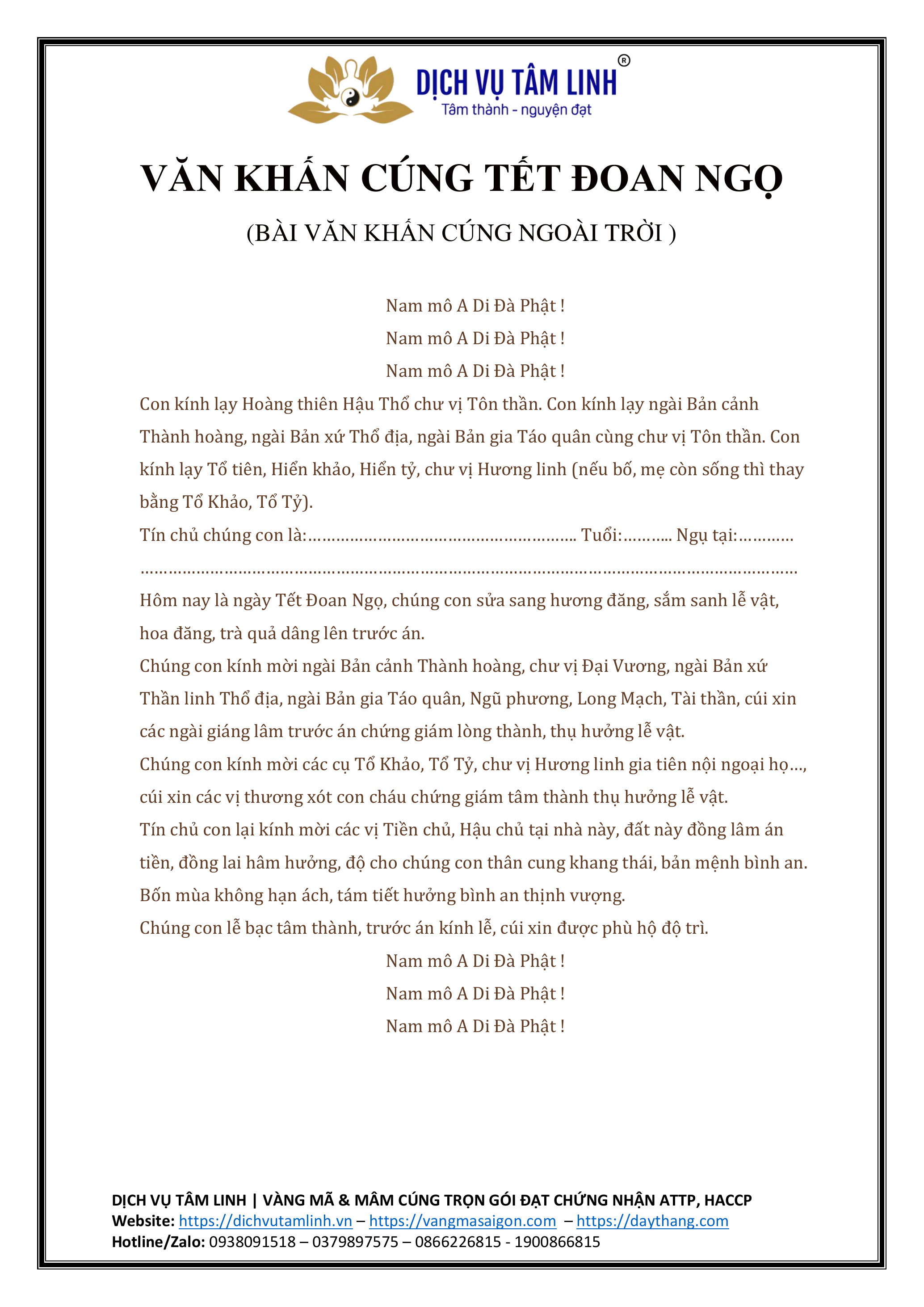 Văn Khấn Cúng Tết Đoan Ngọ Ngoài Trời