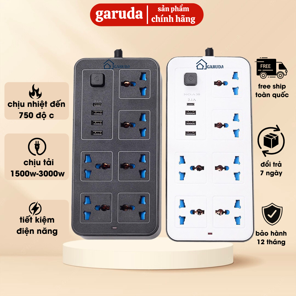 Ổ điện đa năng chính hãng GARUDA 3 cổng USB 15v sạc nhanh, 1 type c, chống cháy, ổ chịu tải 2500W, chất liệu nhựa pp
