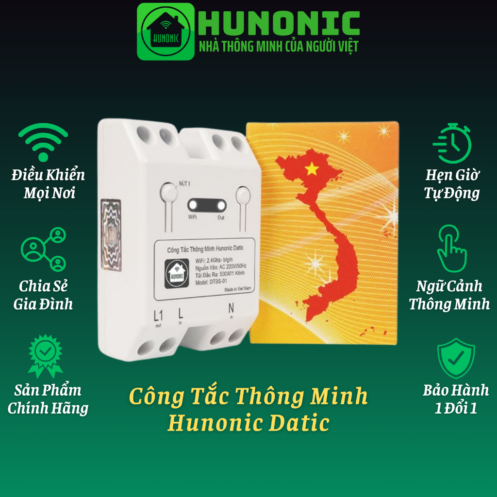 Công Tắc Thông Minh Wifi Hunonic Datic 1 Kênh 500W Điều Khiển Thiết Bị Từ Xa Qua Điện Thoại