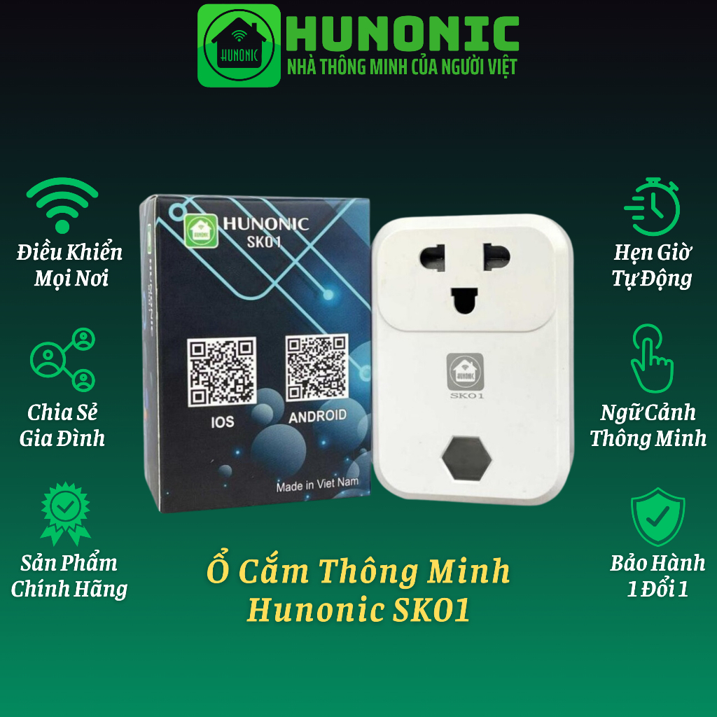 Ổ cắm thông minh Hunonic SK01. Điều khiển từ xa bằng điện thoại thông qua Wifi| Hẹn giờ tự động