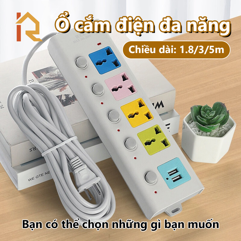 Roksana Ổ cắm điện đa năng 7 Cổng Sạc USB 2 Cáp USB 3 Và 5M Dây Cáp Dày Chất Lượng Cao