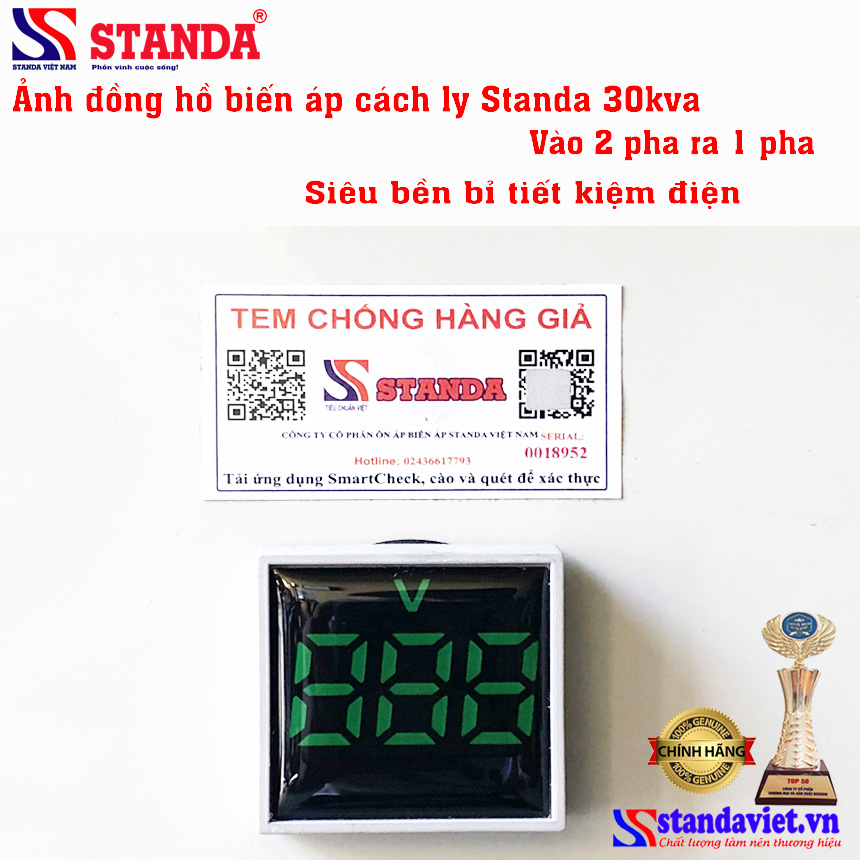 Biến áp cách ly standa 30kva vào 2 pha ra 1 pha 