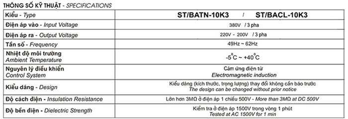 Thông số kỹ thuật Biến áp Standa 10kVA 3 pha
