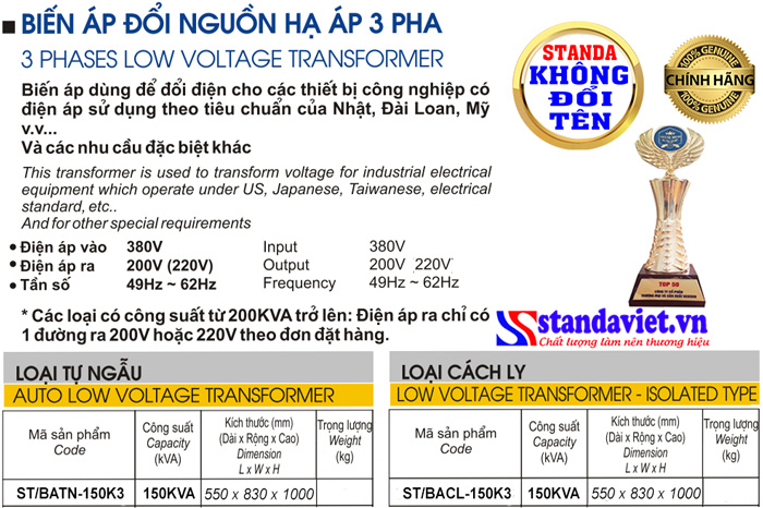 Thông số kỹ thuật Biến áp Standa 150kVA chính hãng