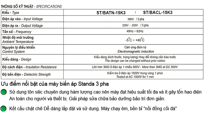 Thông số kỹ thuật Biến áp Standa 15kVA 3 pha