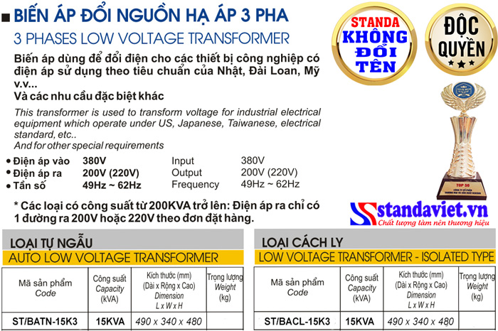 Thông số kỹ thuật Biến áp Standa 15kVA 3 pha