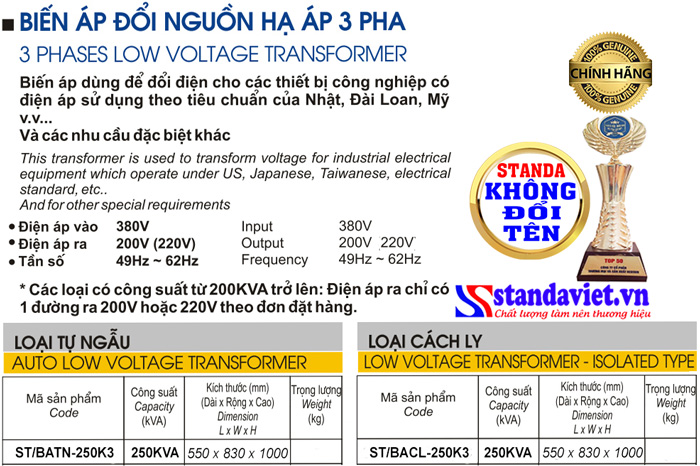 Thông số kỹ thuật Biến áp Standa 250kVA 3 pha chính hãng