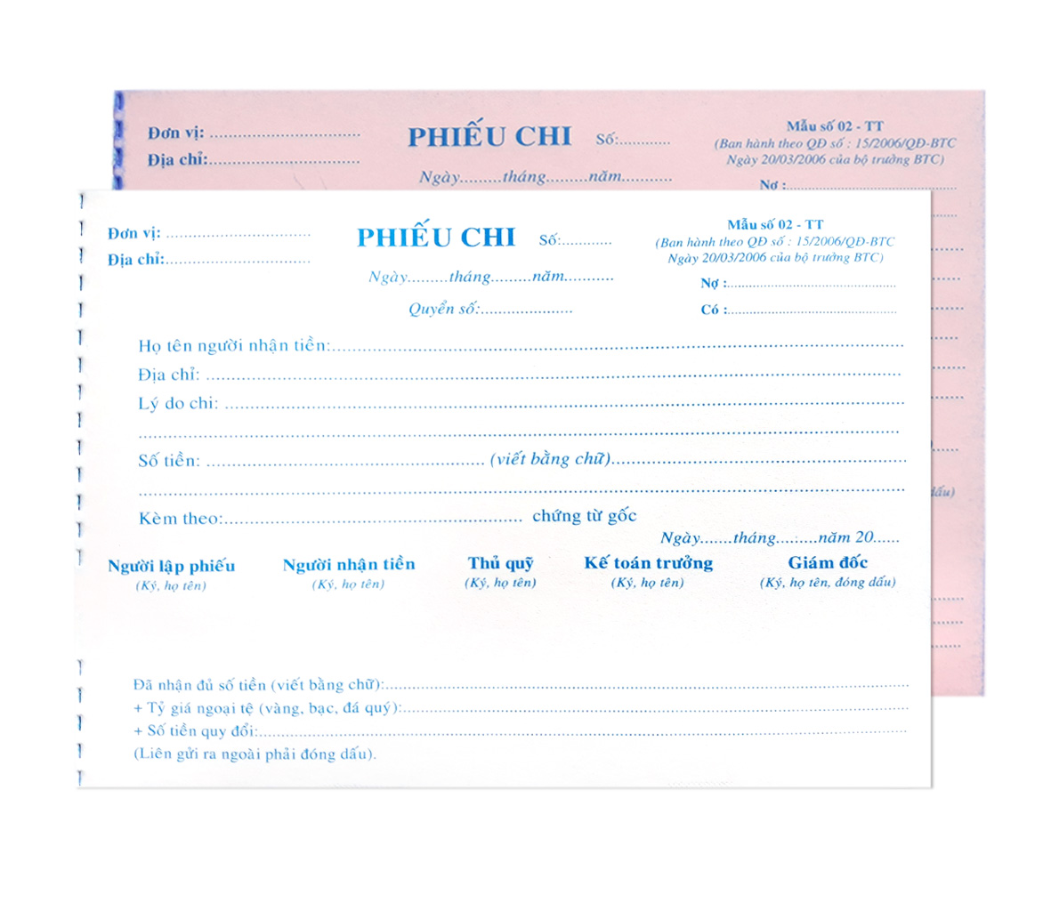 Phiếu chi 2 liên khổ 130 x 190 mm