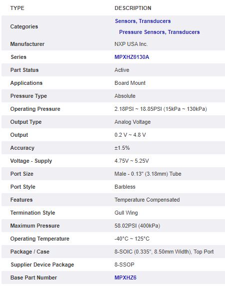 Thông số kĩ thuật MPXHZ6130A