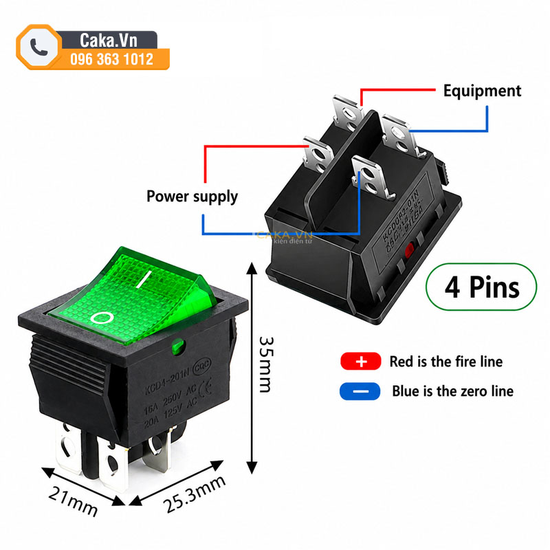 Công tắc KCD4 4 chân có đèn xanh ON OFF