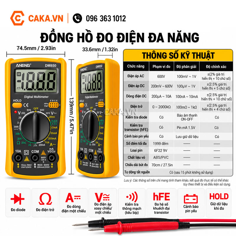Đồng hồ ANENG DM850 đo điện áp AC DC kích thước