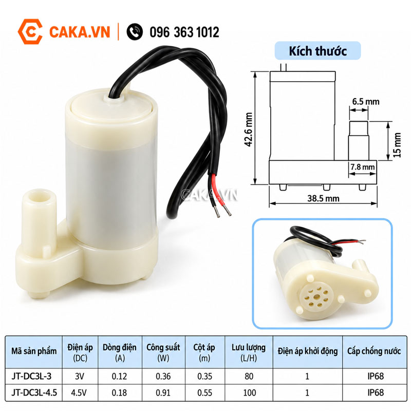 Kích thước máy bơm nước chìm mini loại đứng 38.5 x 42.6mm