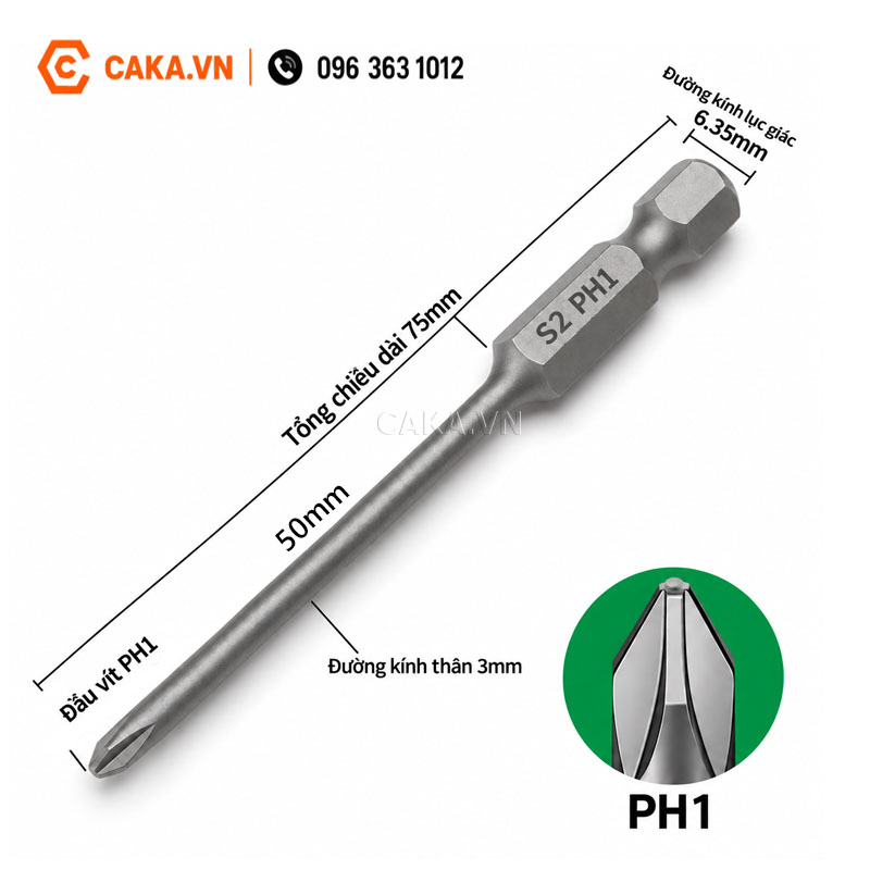 Đầu vít bake PH1 thép S2 chuôi 6.35mm dài 75mm