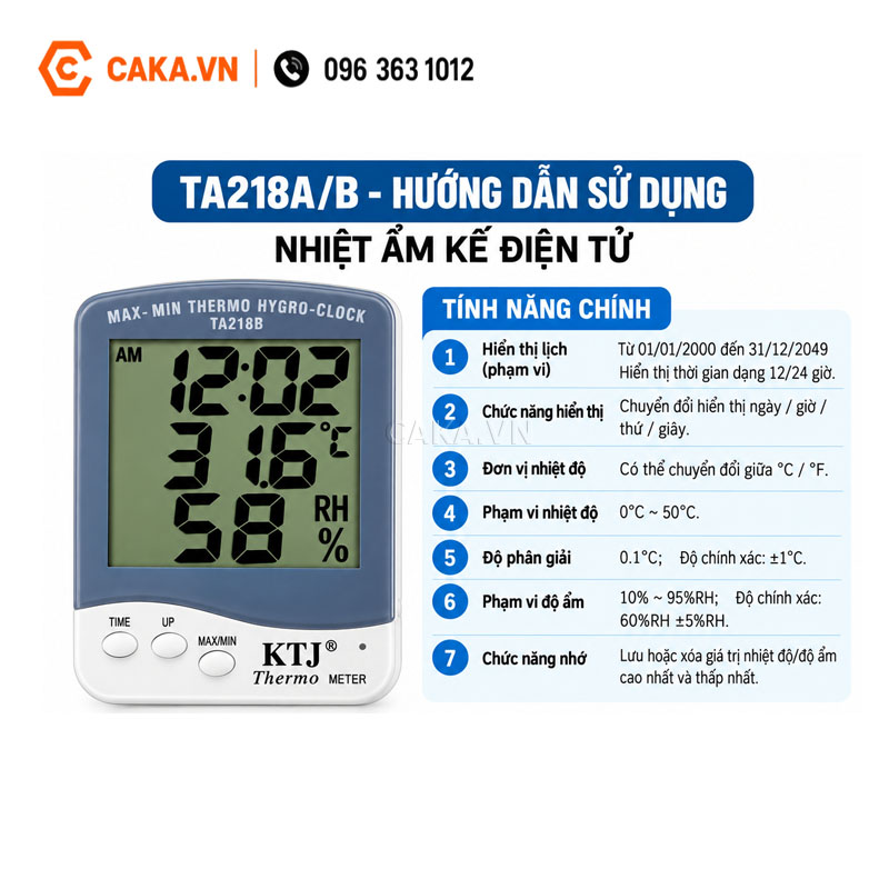 Đồng hồ TA218B đo nhiệt độ và độ ẩm trong phòng