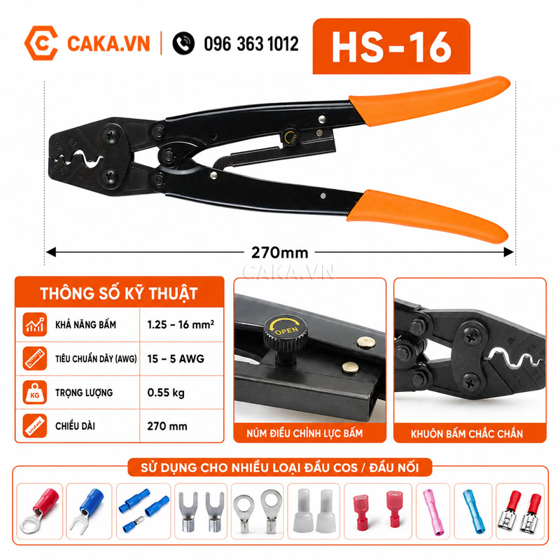 Thông số Kìm Bấm Cos HS-16 1.25-16mm²