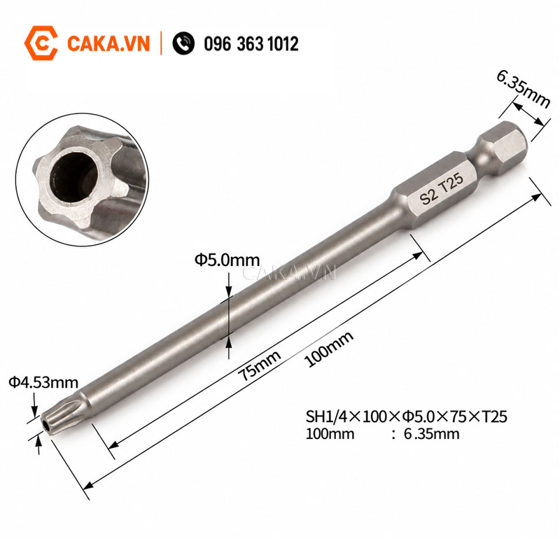 Mũi vít hoa thị T25 có lỗ dài 100mm thép S2