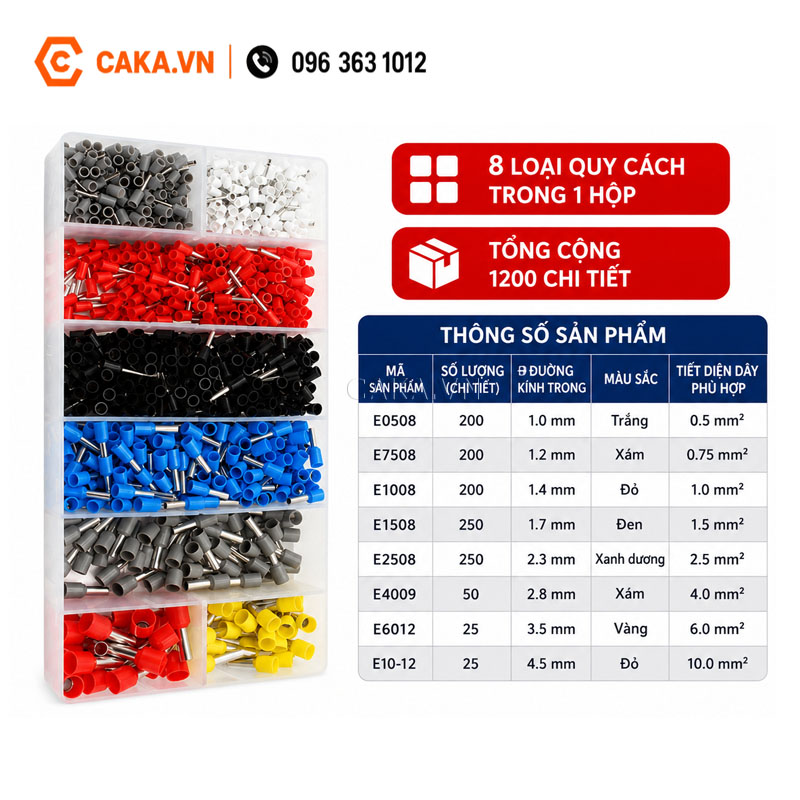 Các kích thước đầu cos kim rỗng cách điện trong bộ