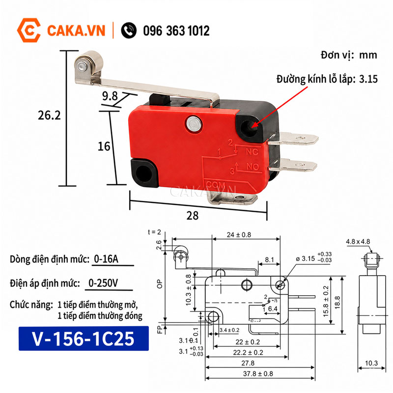 Kích thước công tắc hành trình V-156-1C25 cần gạt con lăn