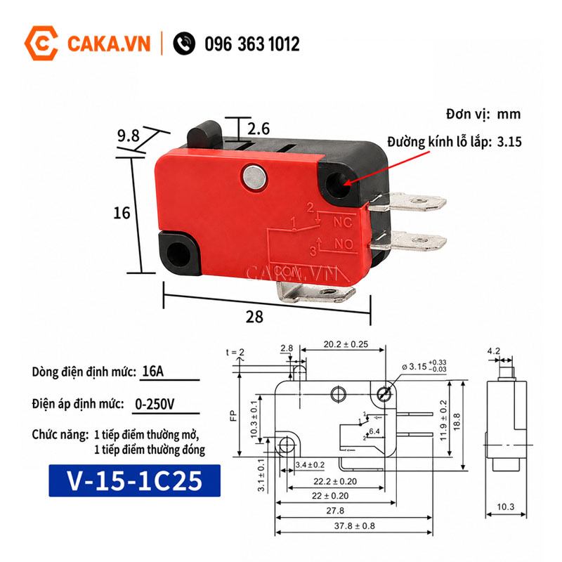 Kích thước và thông số công tắc hành trình V-15-1C25