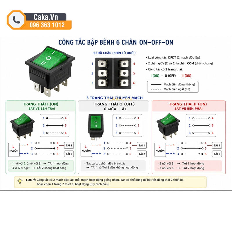 Công tắc KCD4 6 chân có đèn 16A 250V