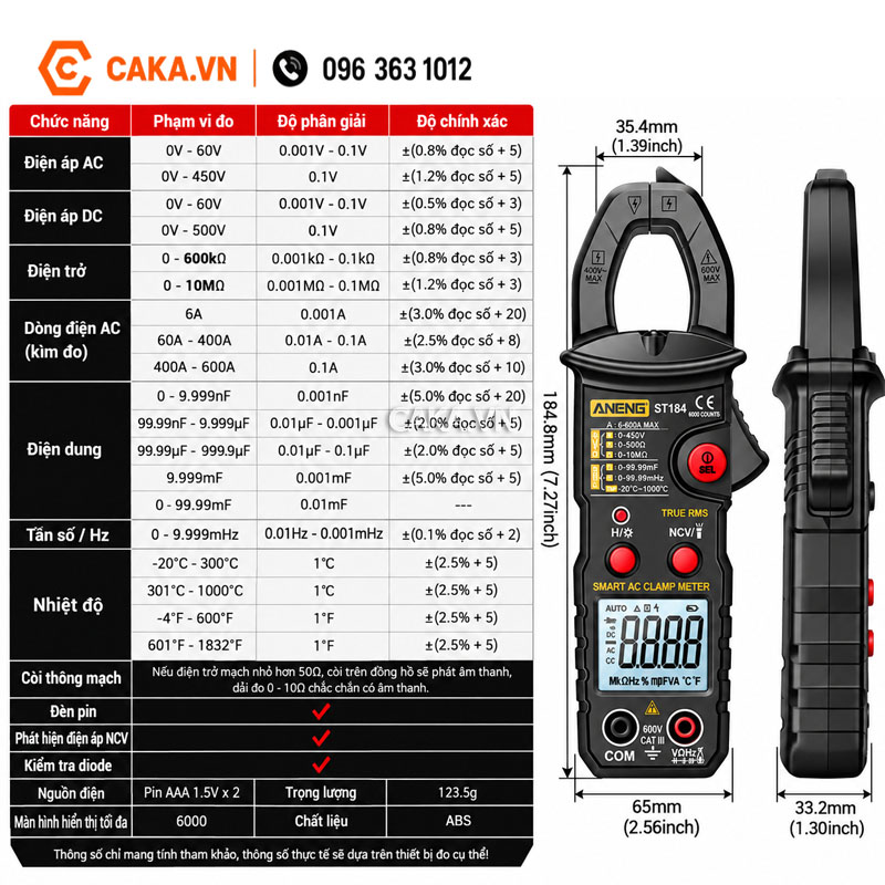 Ampe kìm ANENG ST184 đo dòng điện AC 600A